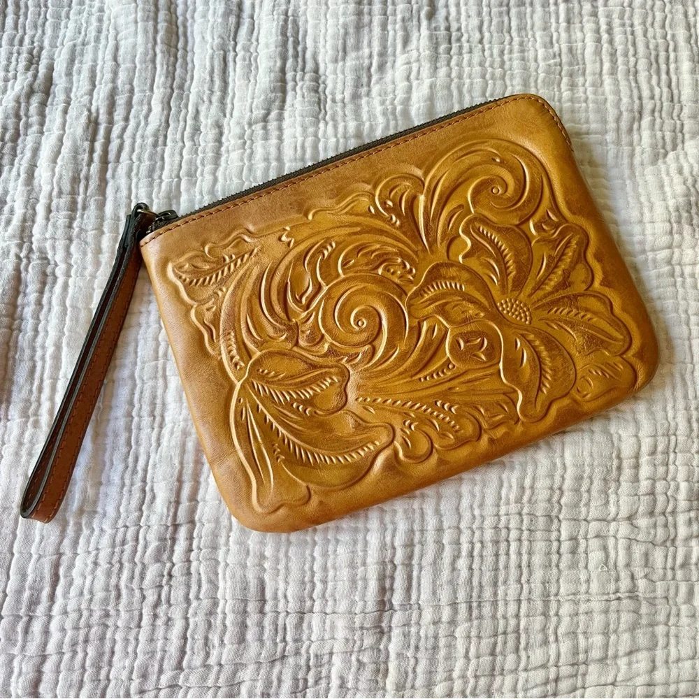 Patricia Nash Camel Tan Tooled Leather Cassini Embossed Floral Zipper Pouch